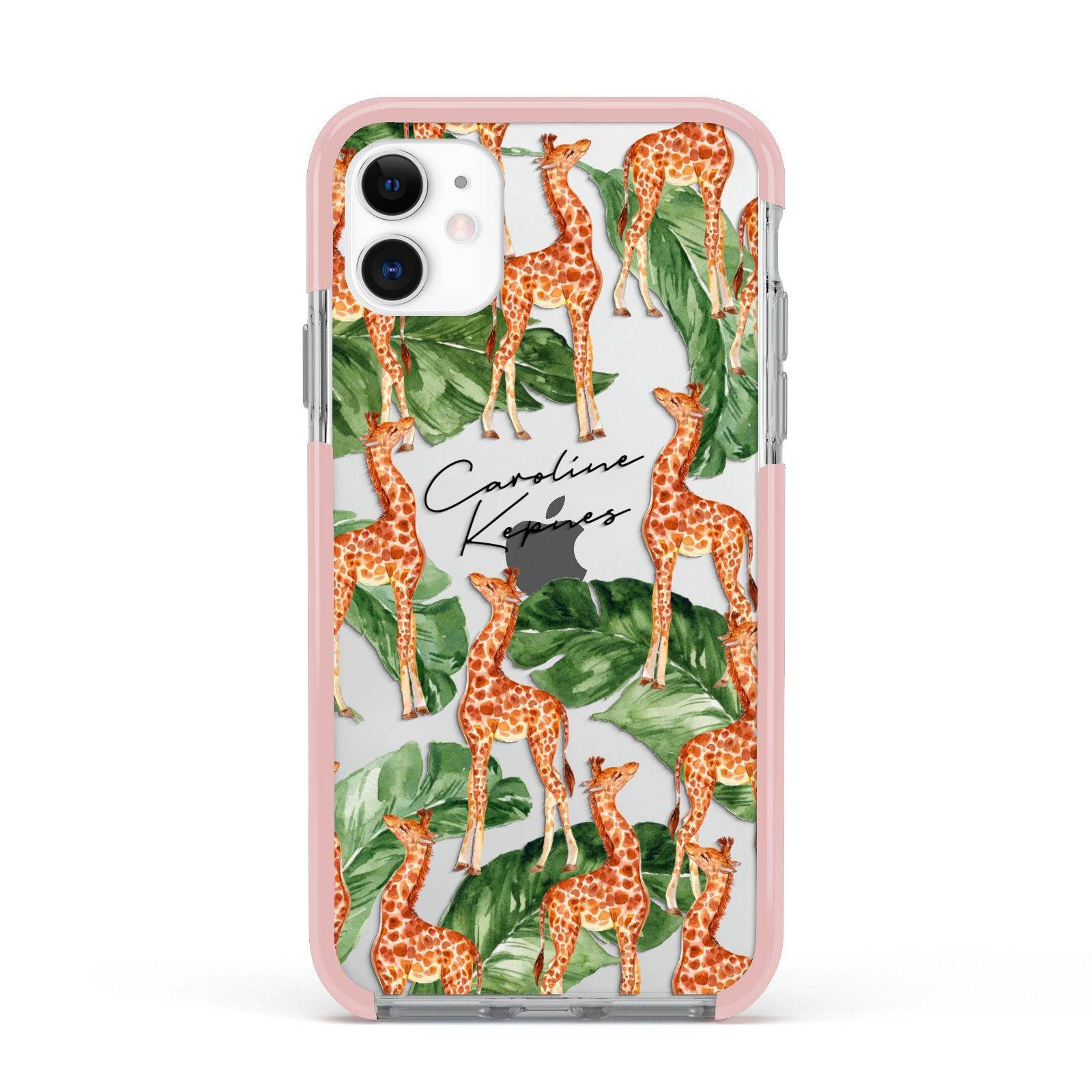 Personalised Giraffes Apple iPhone 11 in White with Pink Impact Case