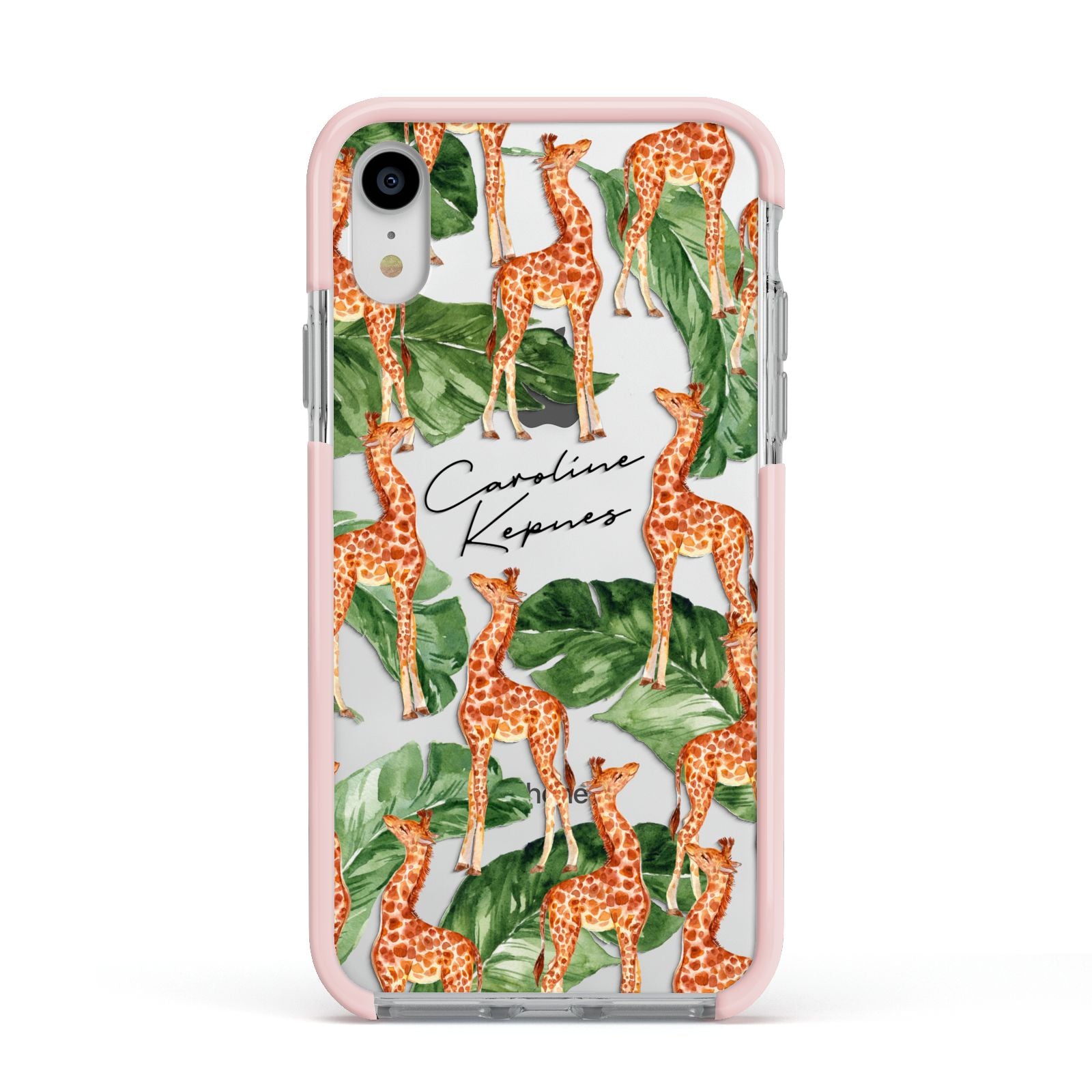 Personalised Giraffes Apple iPhone XR Impact Case Pink Edge on Silver Phone
