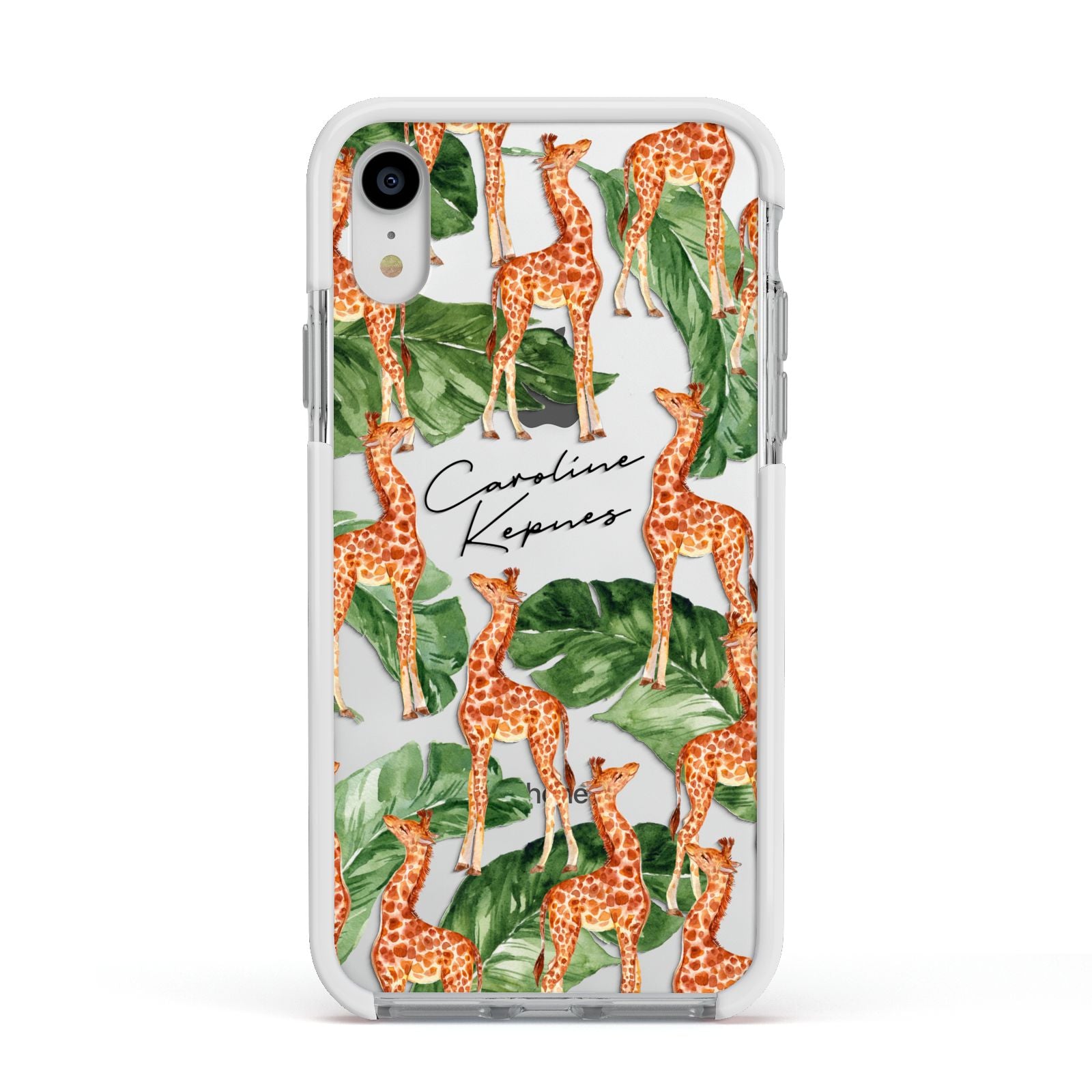 Personalised Giraffes Apple iPhone XR Impact Case White Edge on Silver Phone