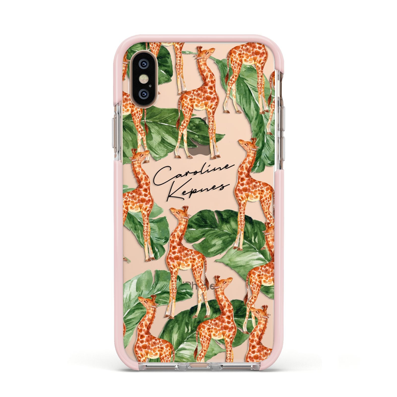 Personalised Giraffes Apple iPhone Xs Impact Case Pink Edge on Gold Phone