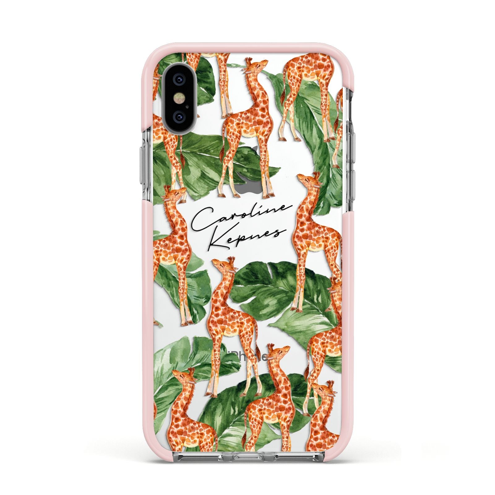 Personalised Giraffes Apple iPhone Xs Impact Case Pink Edge on Silver Phone