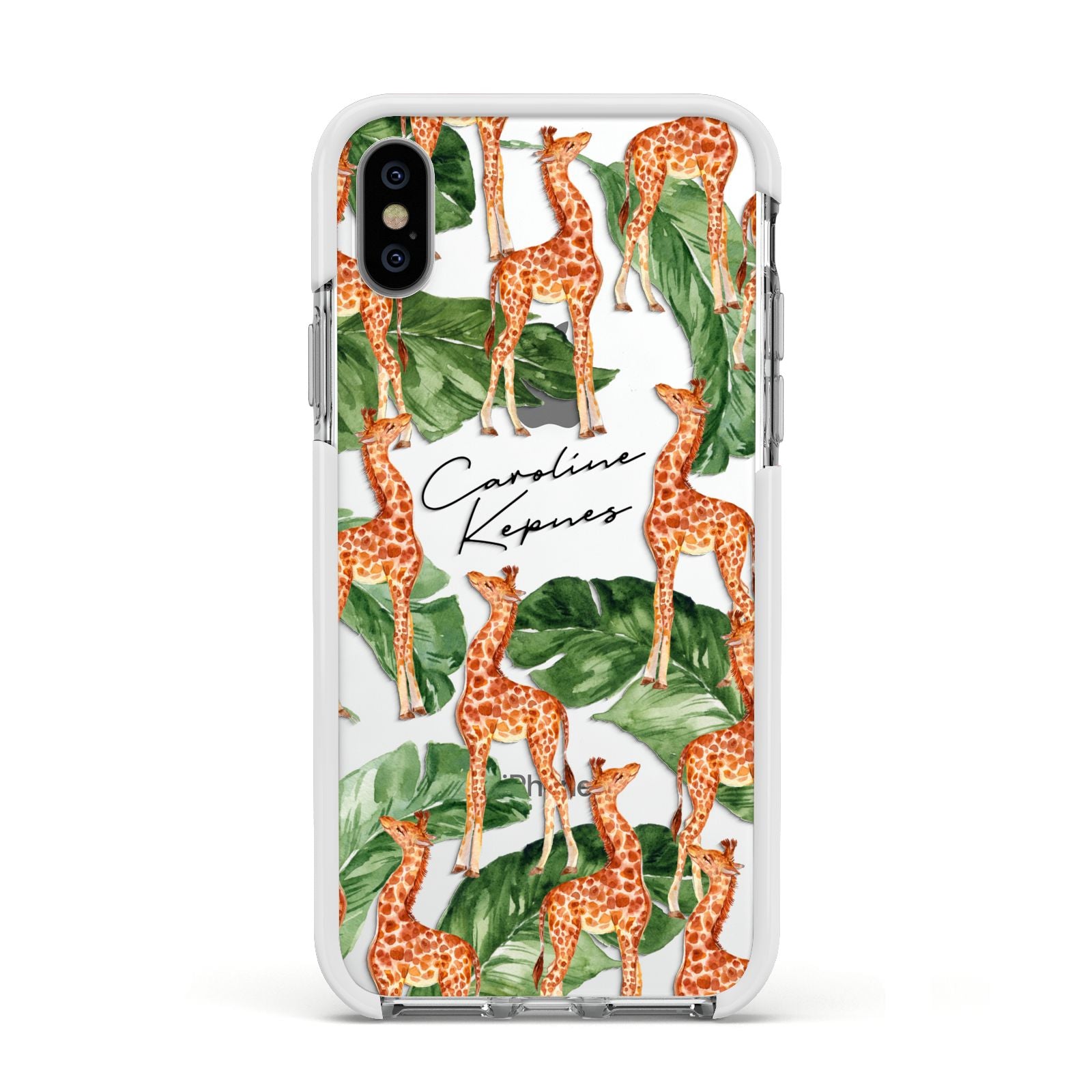 Personalised Giraffes Apple iPhone Xs Impact Case White Edge on Silver Phone