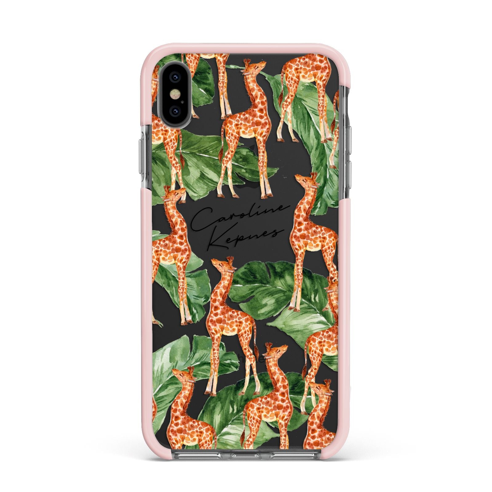 Personalised Giraffes Apple iPhone Xs Max Impact Case Pink Edge on Black Phone
