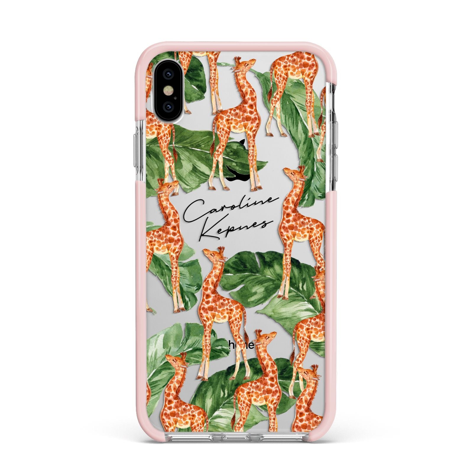 Personalised Giraffes Apple iPhone Xs Max Impact Case Pink Edge on Silver Phone