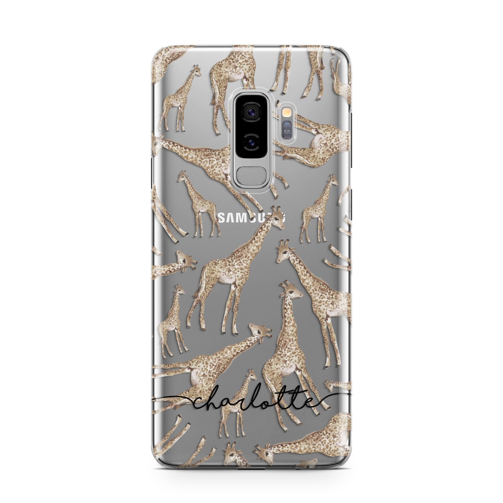 Personalised Giraffes with Name Samsung Galaxy S9 Plus Case on Silver phone