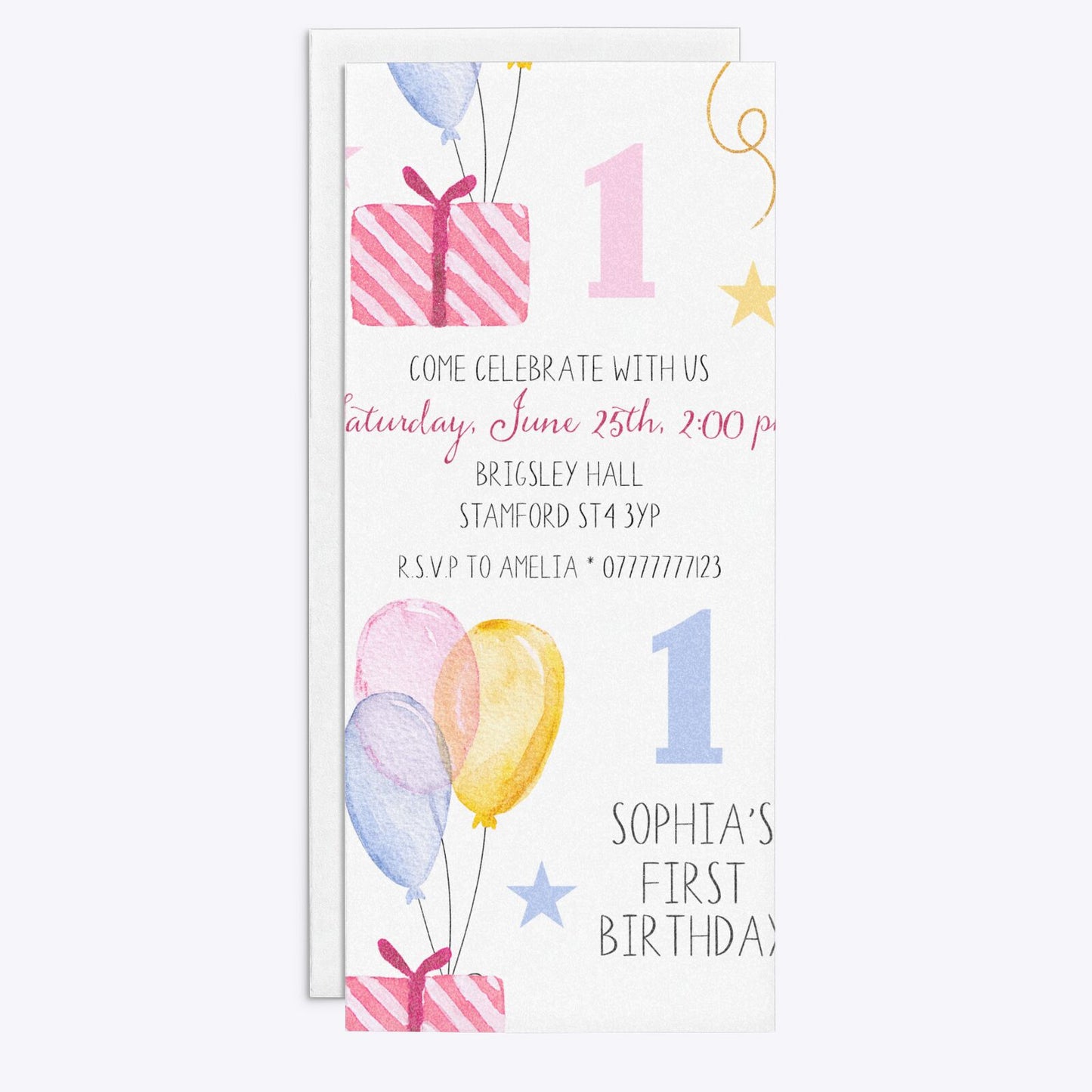 Personalised Girls First Birthday 4x9 Rectangle Invitation Glitter Front and Back Image