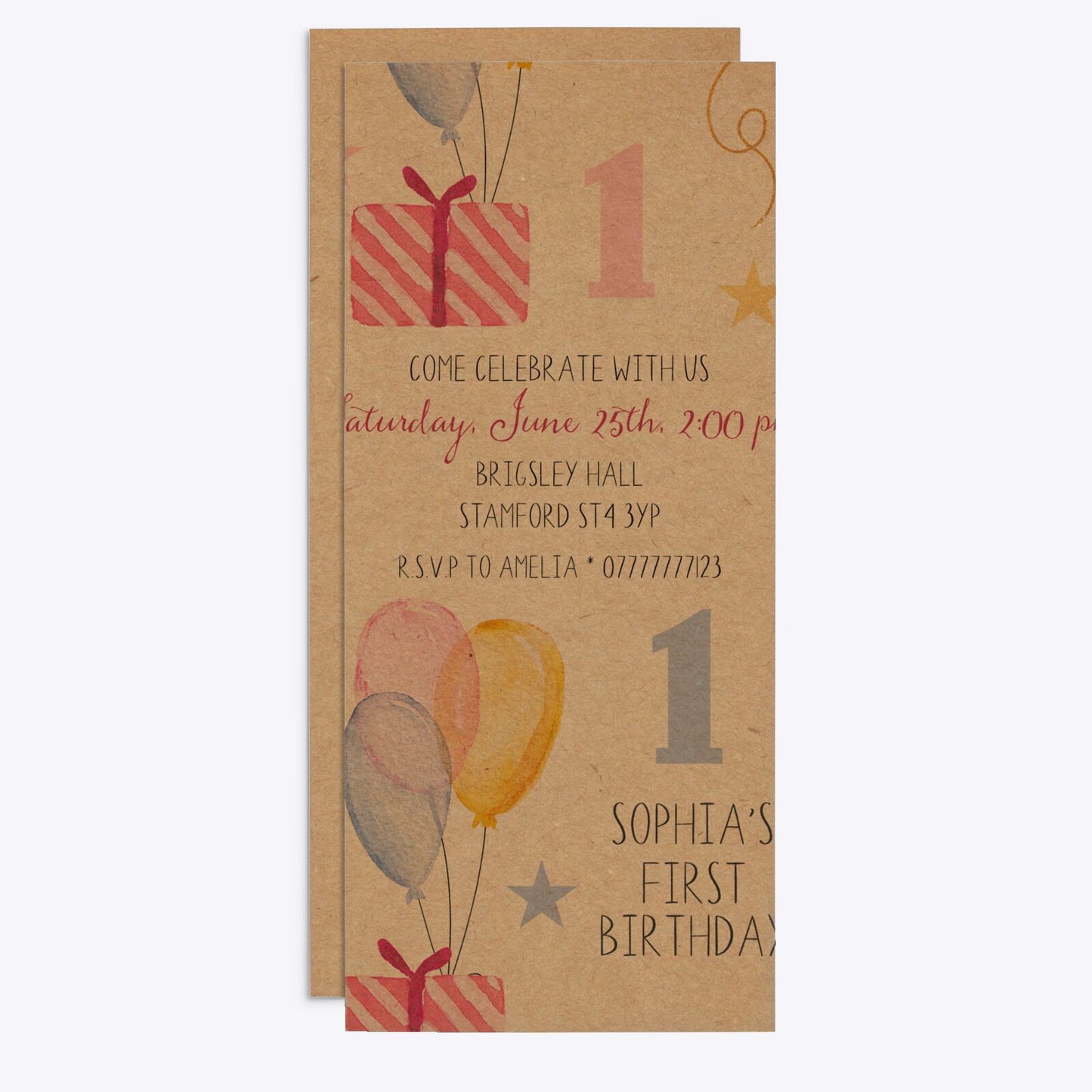 Personalised Girls First Birthday 4x9 Rectangle Invitation Kraft Front and Back Image