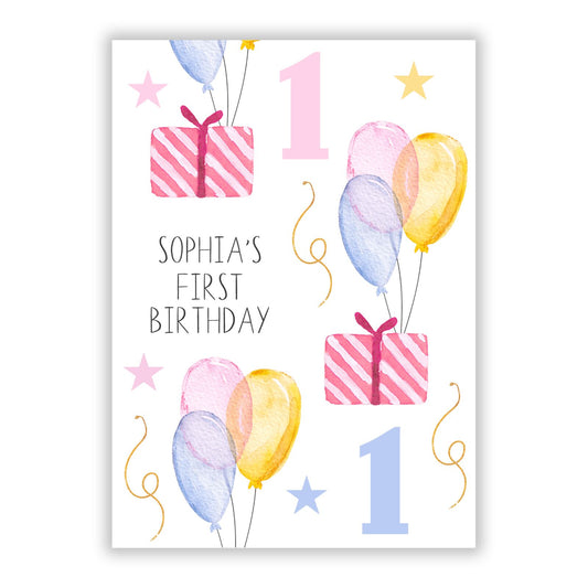 Personalised Girls First Birthday A5 Flat Greetings Card