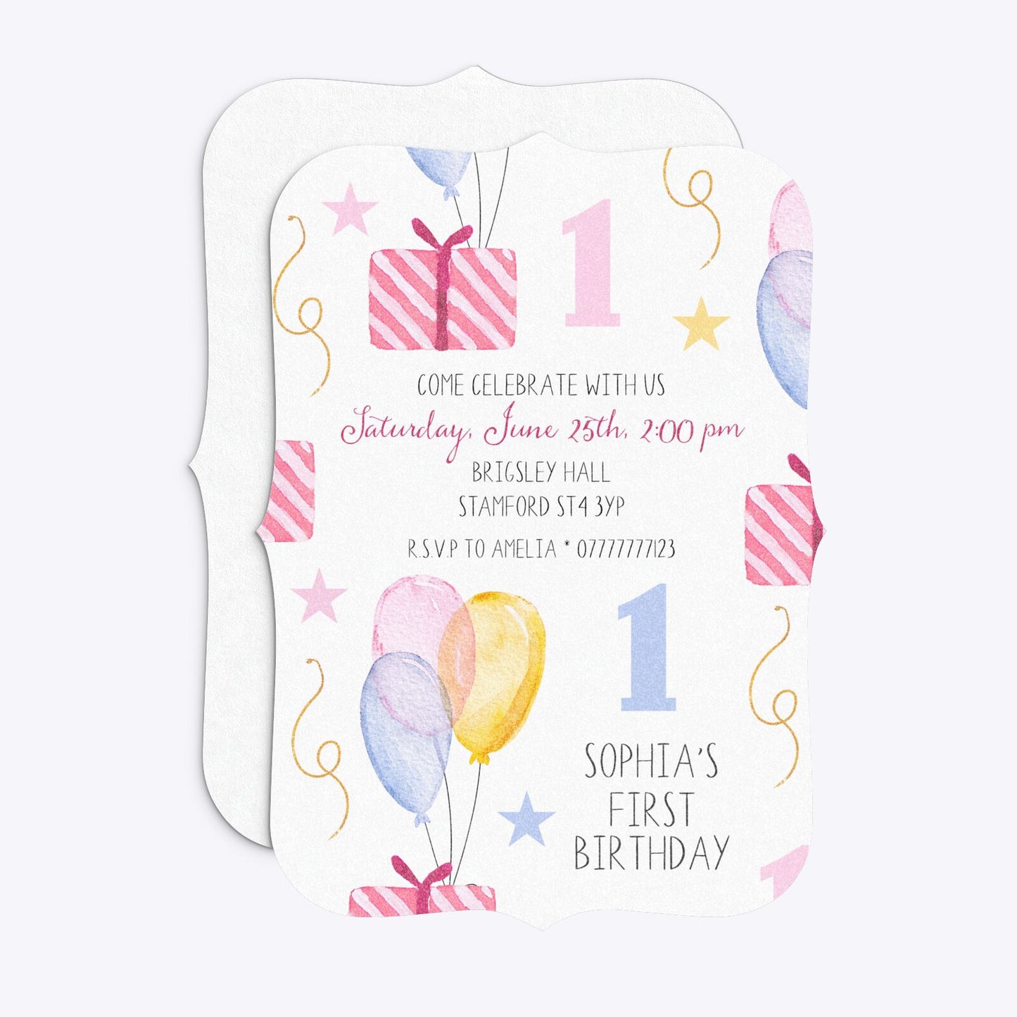 Personalised Girls First Birthday Bracket Invitation Glitter Front and Back Image