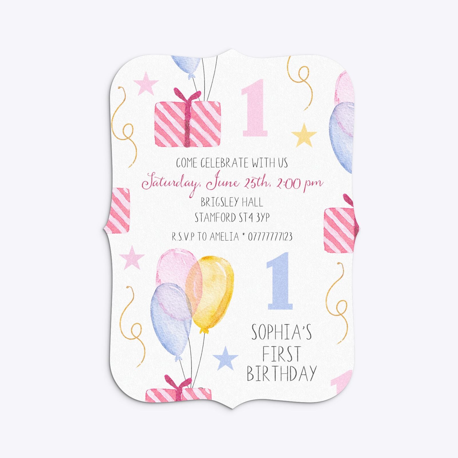 Personalised Girls First Birthday Bracket Invitation Glitter