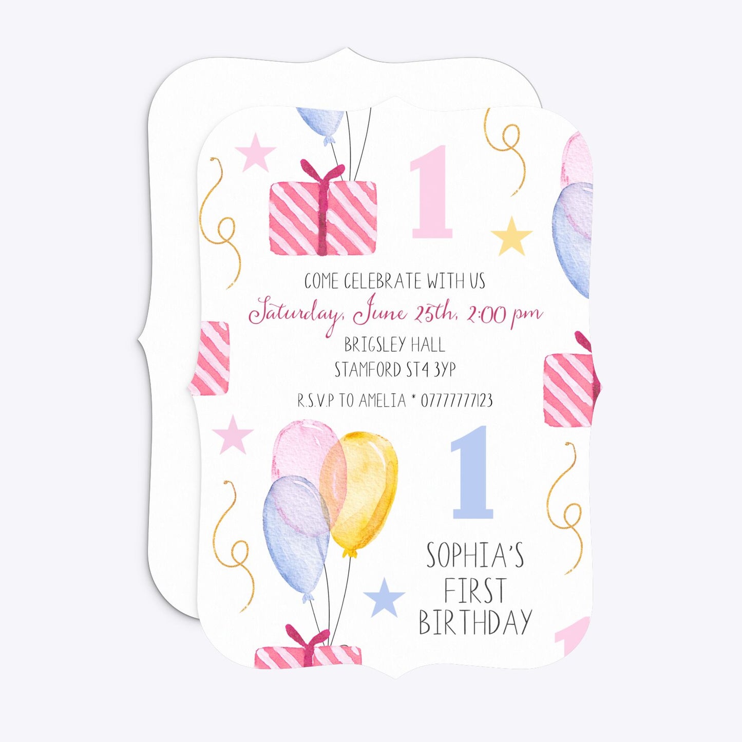 Personalised Girls First Birthday Bracket Invitation Matte Paper Front and Back Image