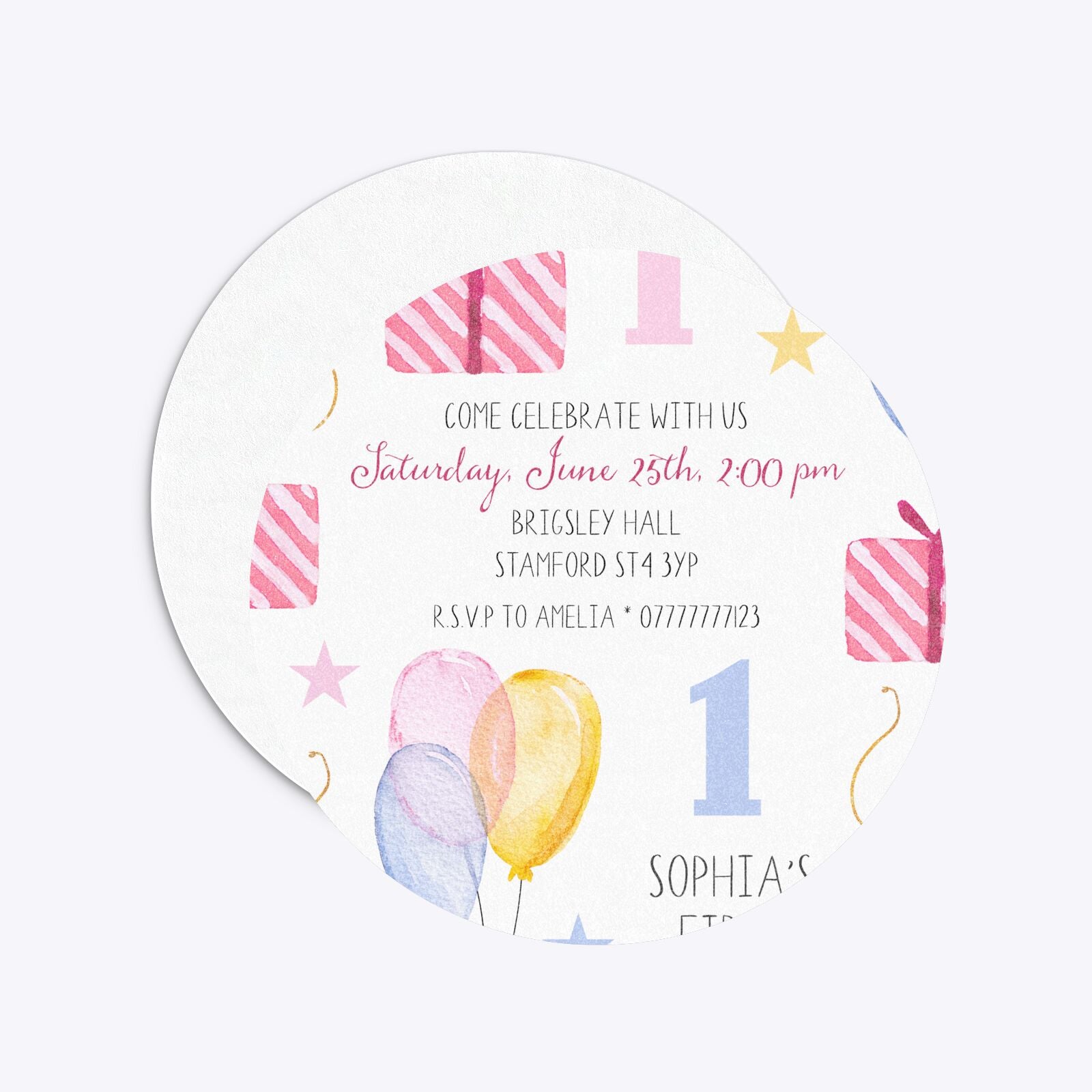 Personalised Girls First Birthday Circle 5 25x5 25 Invitation Glitter Front and Back Image