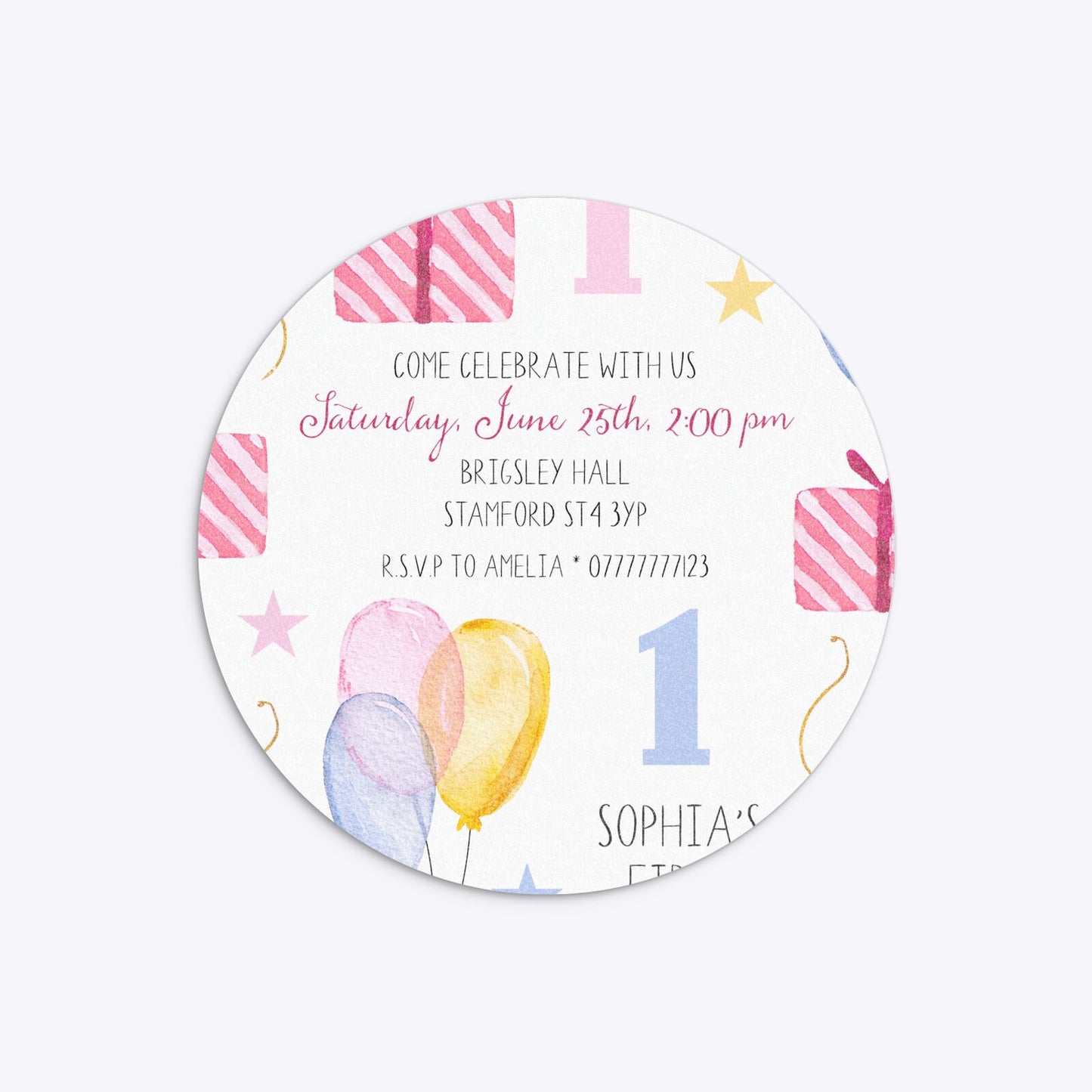 Personalised Girls First Birthday Circle 5 25x5 25 Invitation Glitter