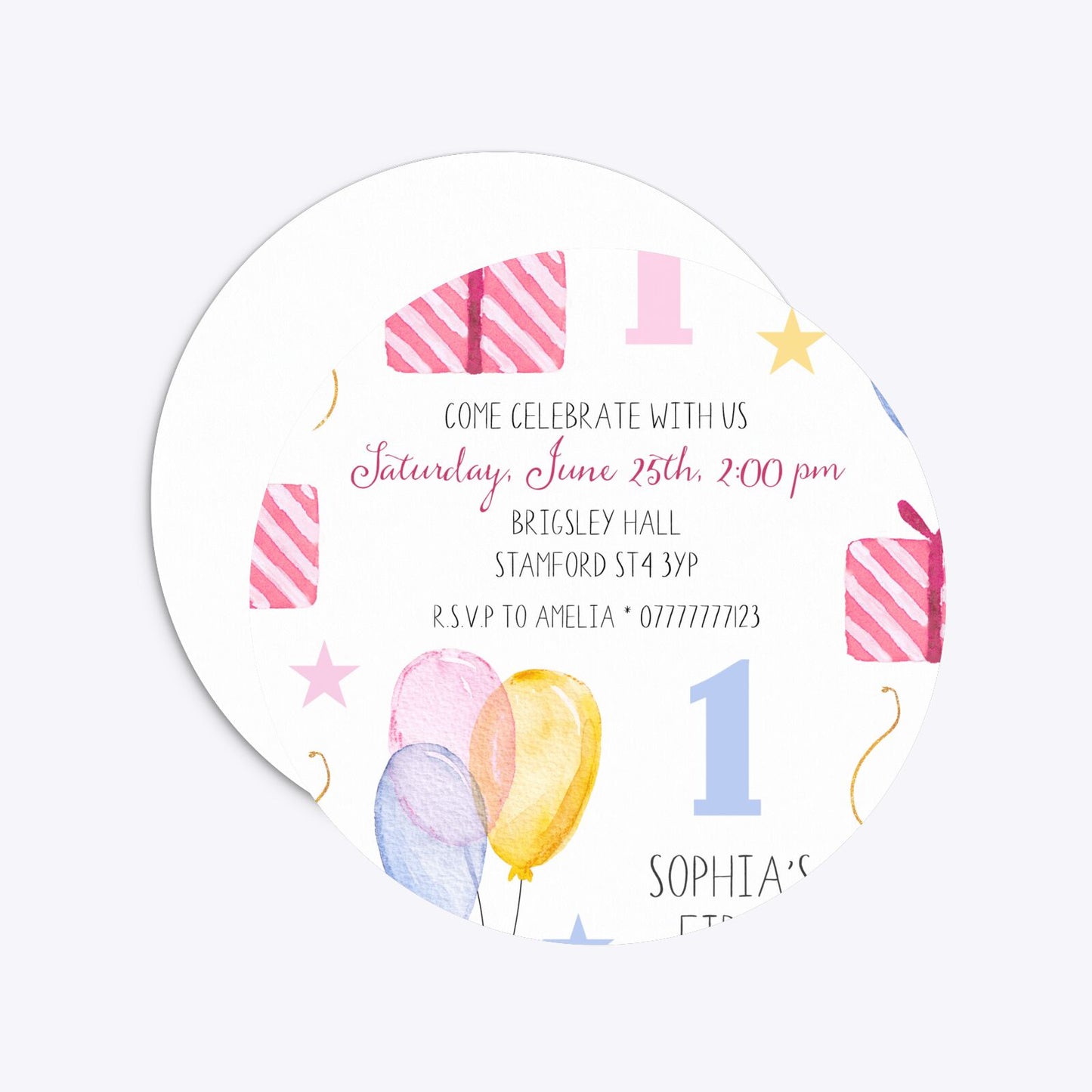 Personalised Girls First Birthday Circle 5 25x5 25 Invitation Matte Paper Front and Back Image