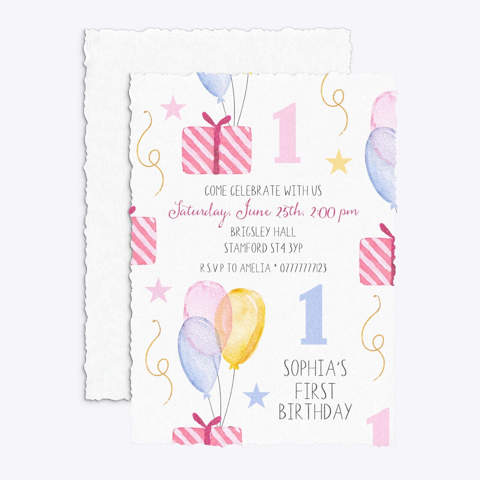 Personalised Girls First Birthday Deckle Invitation Glitter Front and Back Image
