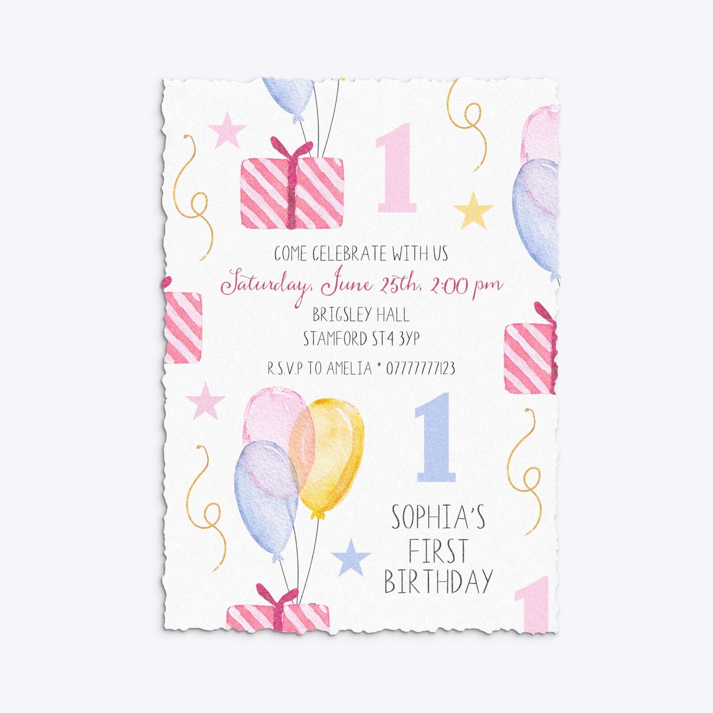 Personalised Girls First Birthday Deckle Invitation Glitter