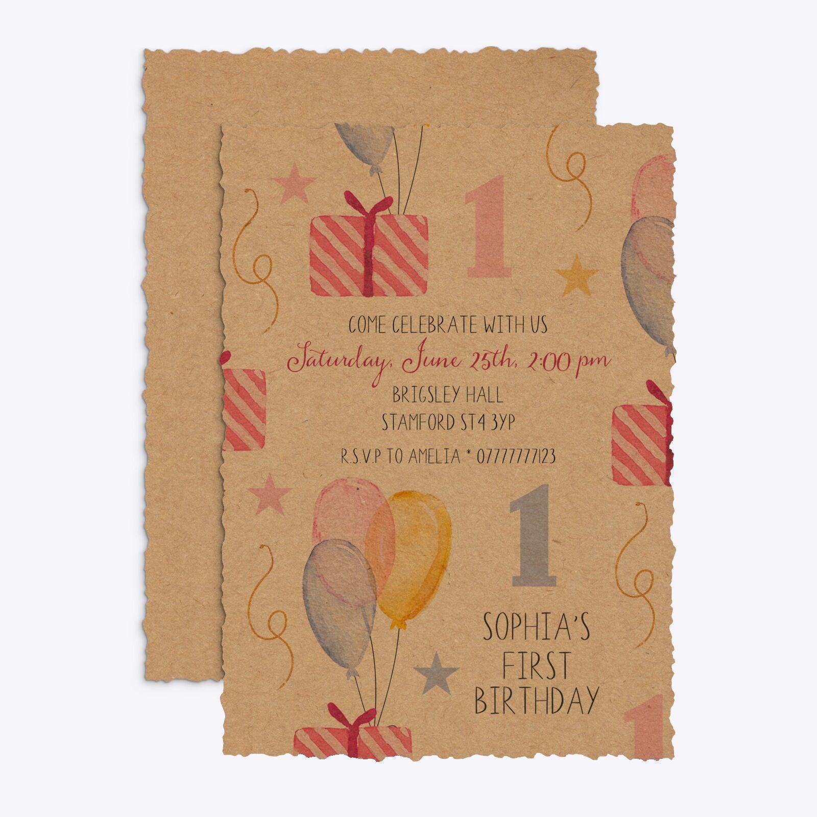 Personalised Girls First Birthday Deckle Invitation Kraft Front and Back Image