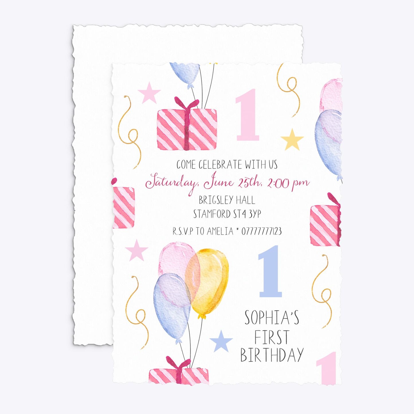 Personalised Girls First Birthday Deckle Invitation Matte Paper Front and Back Image