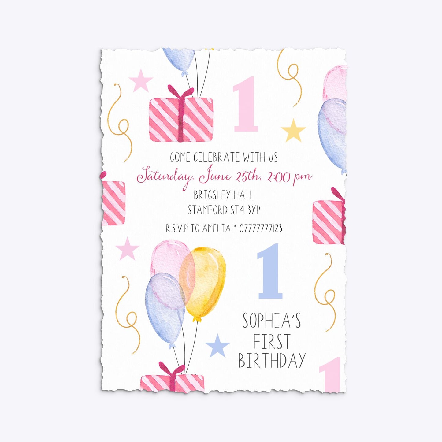 Personalised Girls First Birthday Deckle Invitation Matte Paper