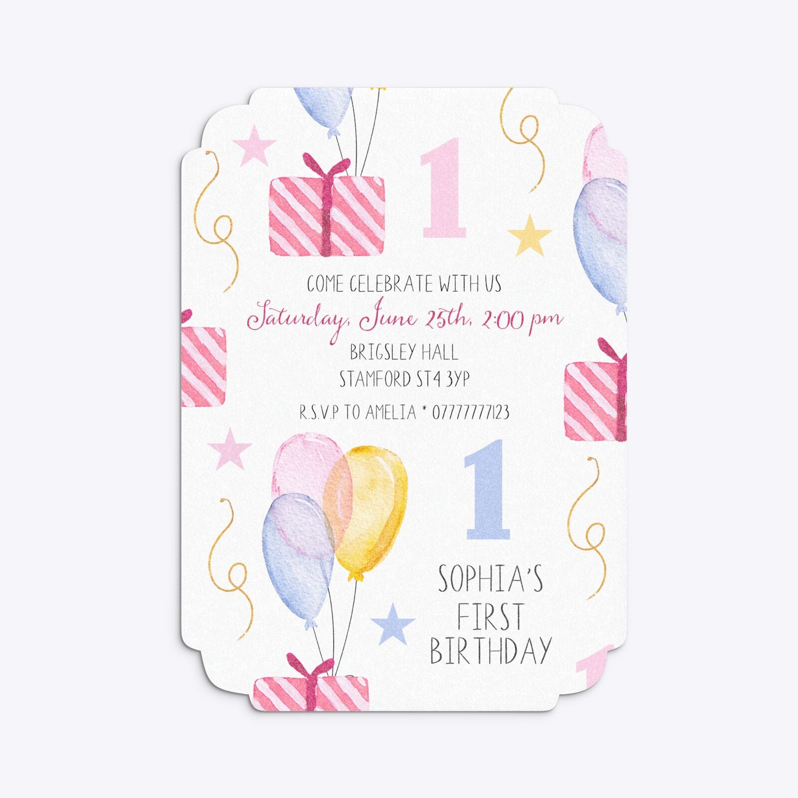 Personalised Girls First Birthday Deco Invitation Glitter