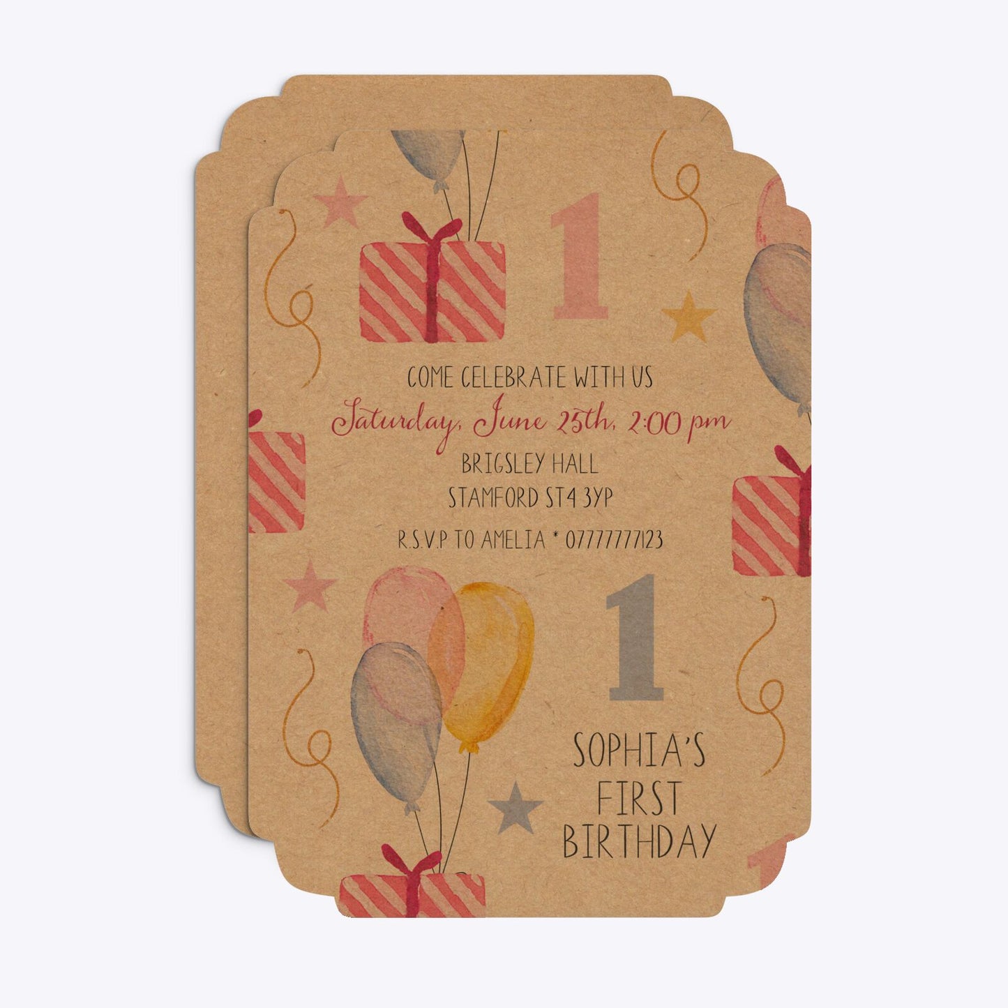 Personalised Girls First Birthday Deco Invitation Kraft Front and Back Image