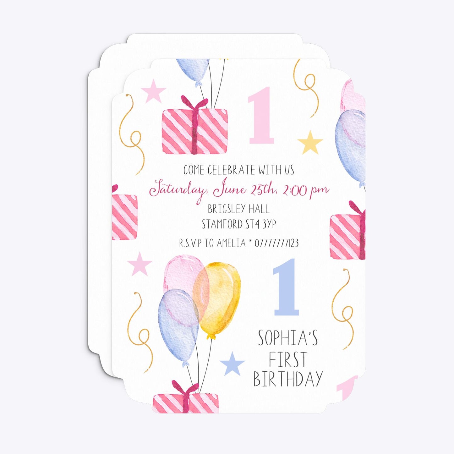 Personalised Girls First Birthday Deco Invitation Matte Paper Front and Back Image