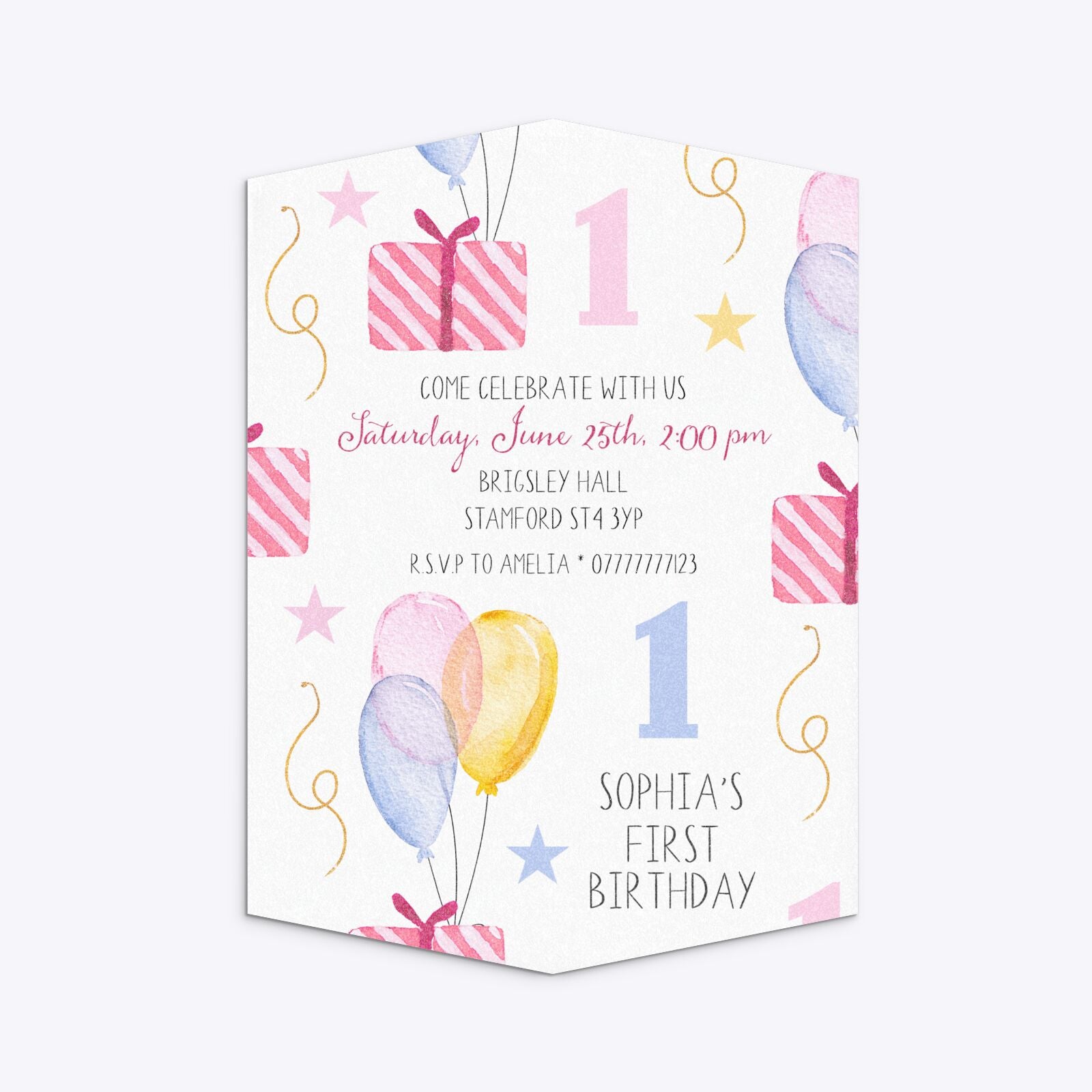 Personalised Girls First Birthday Geo Invitation Glitter