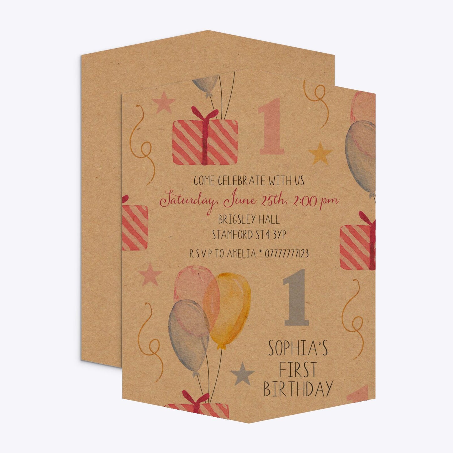 Personalised Girls First Birthday Geo Invitation Kraft Front and Back Image