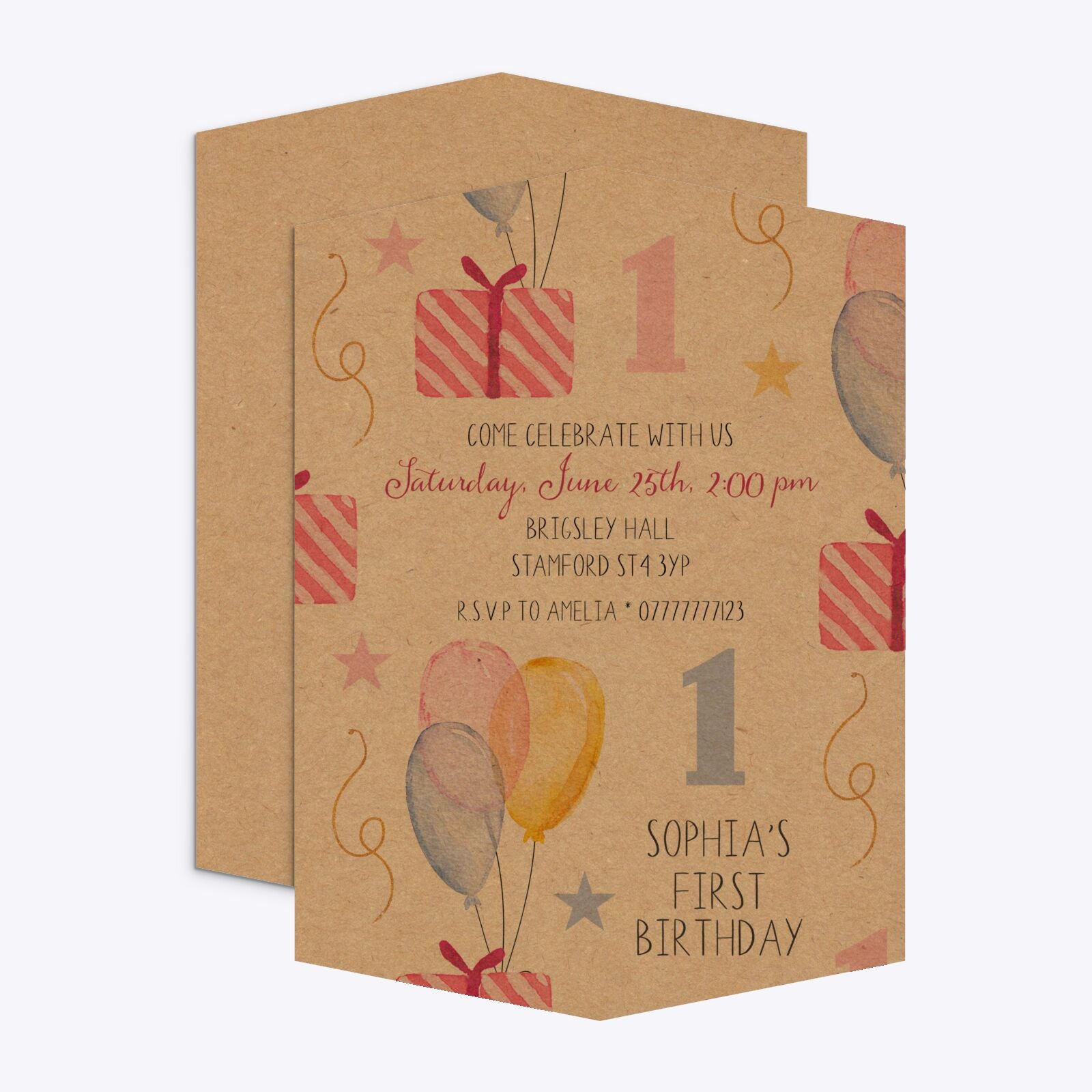 Personalised Girls First Birthday Geo Invitation Kraft Front and Back Image