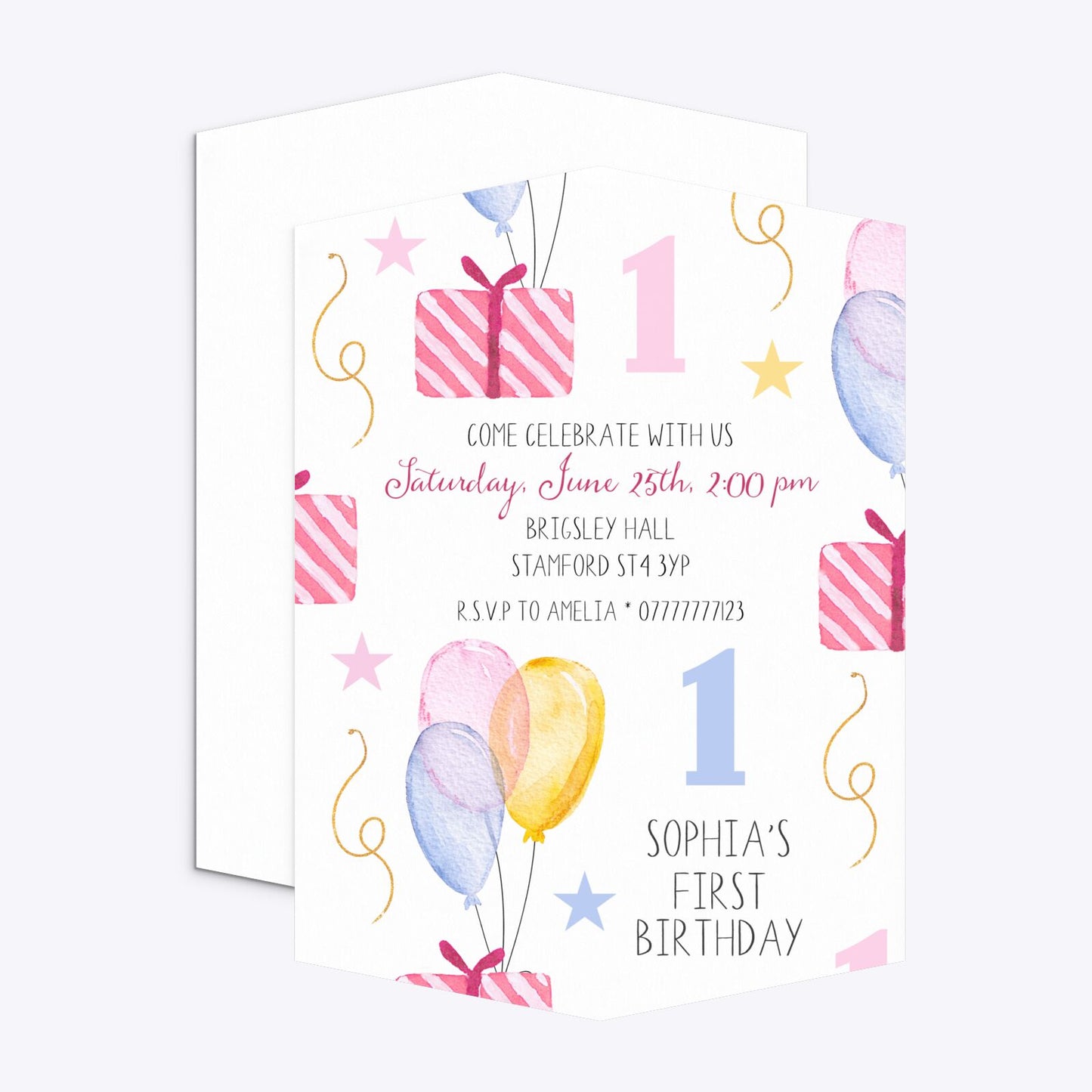 Personalised Girls First Birthday Geo Invitation Matte Paper Front and Back Image