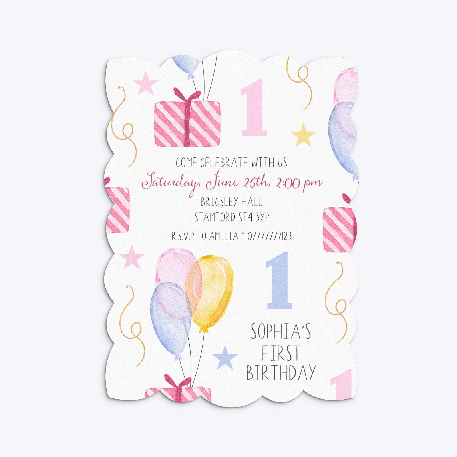 Personalised Girls First Birthday Petal Invitation Glitter