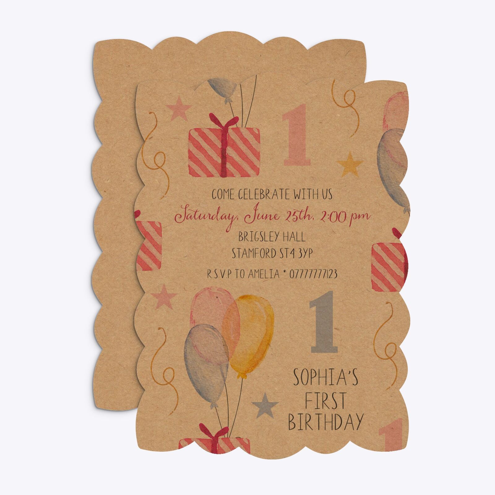 Personalised Girls First Birthday Petal Invitation Kraft Front and Back Image