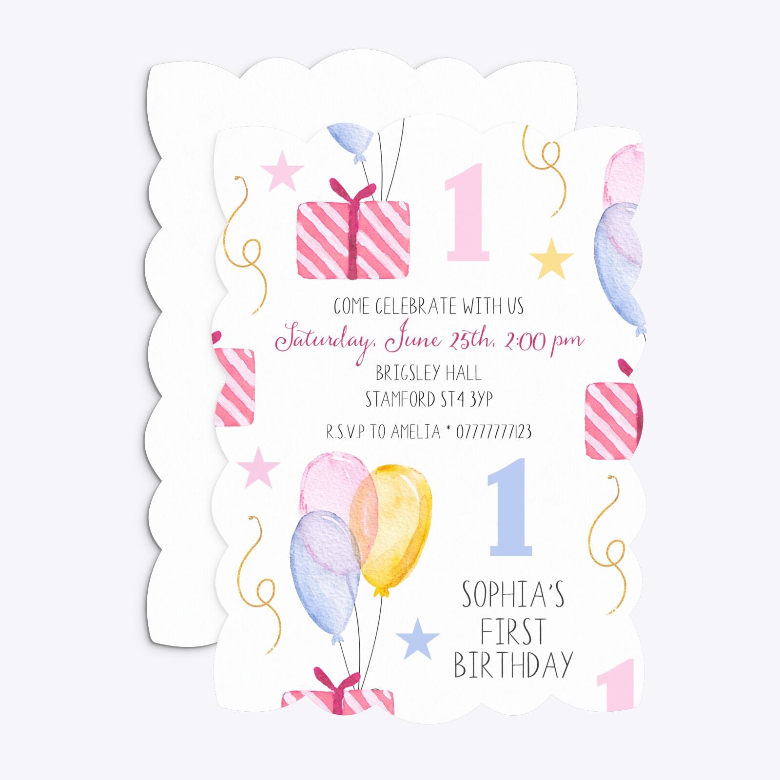 Personalised Girls First Birthday Petal Invitation Matte Paper Front and Back Image