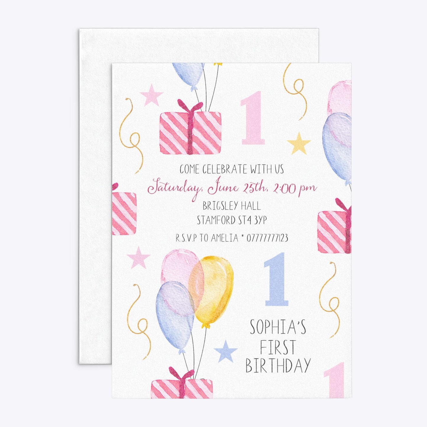 Personalised Girls First Birthday Rectangle Invitation Glitter Front and Back Image