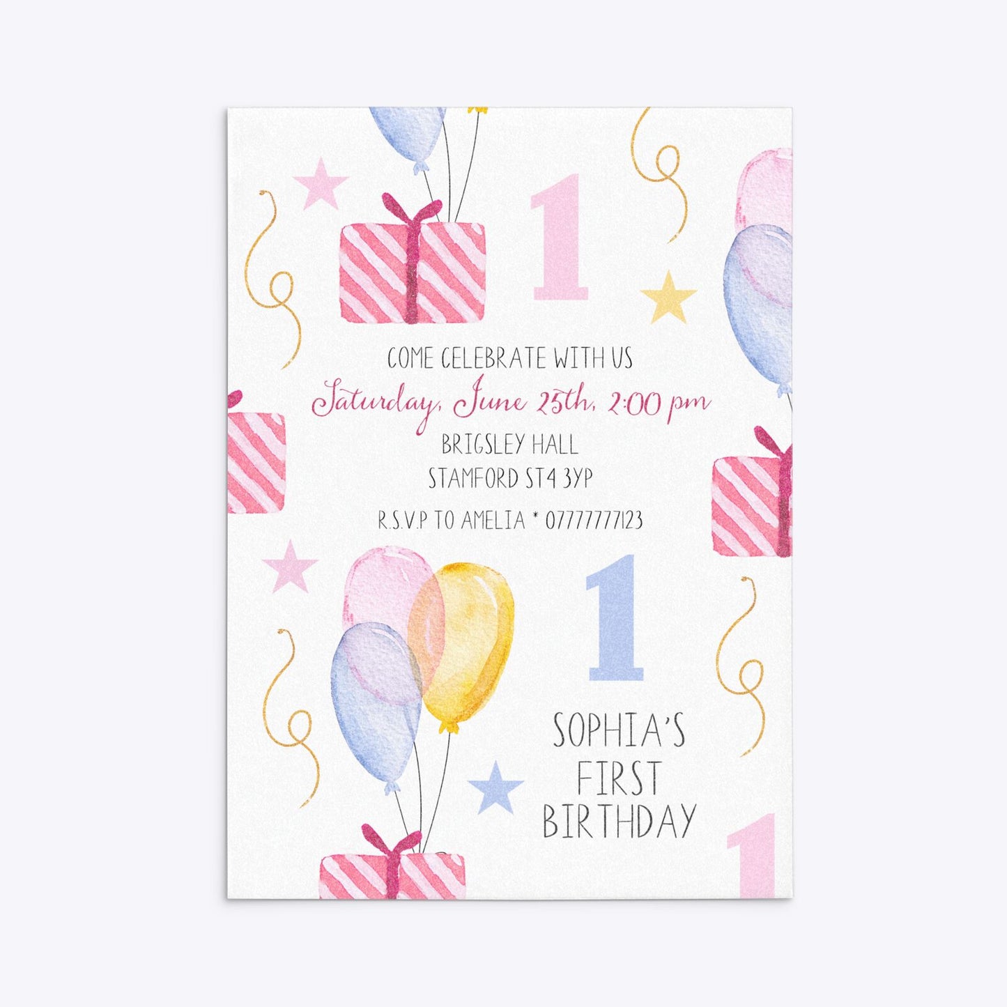 Personalised Girls First Birthday Rectangle Invitation Glitter