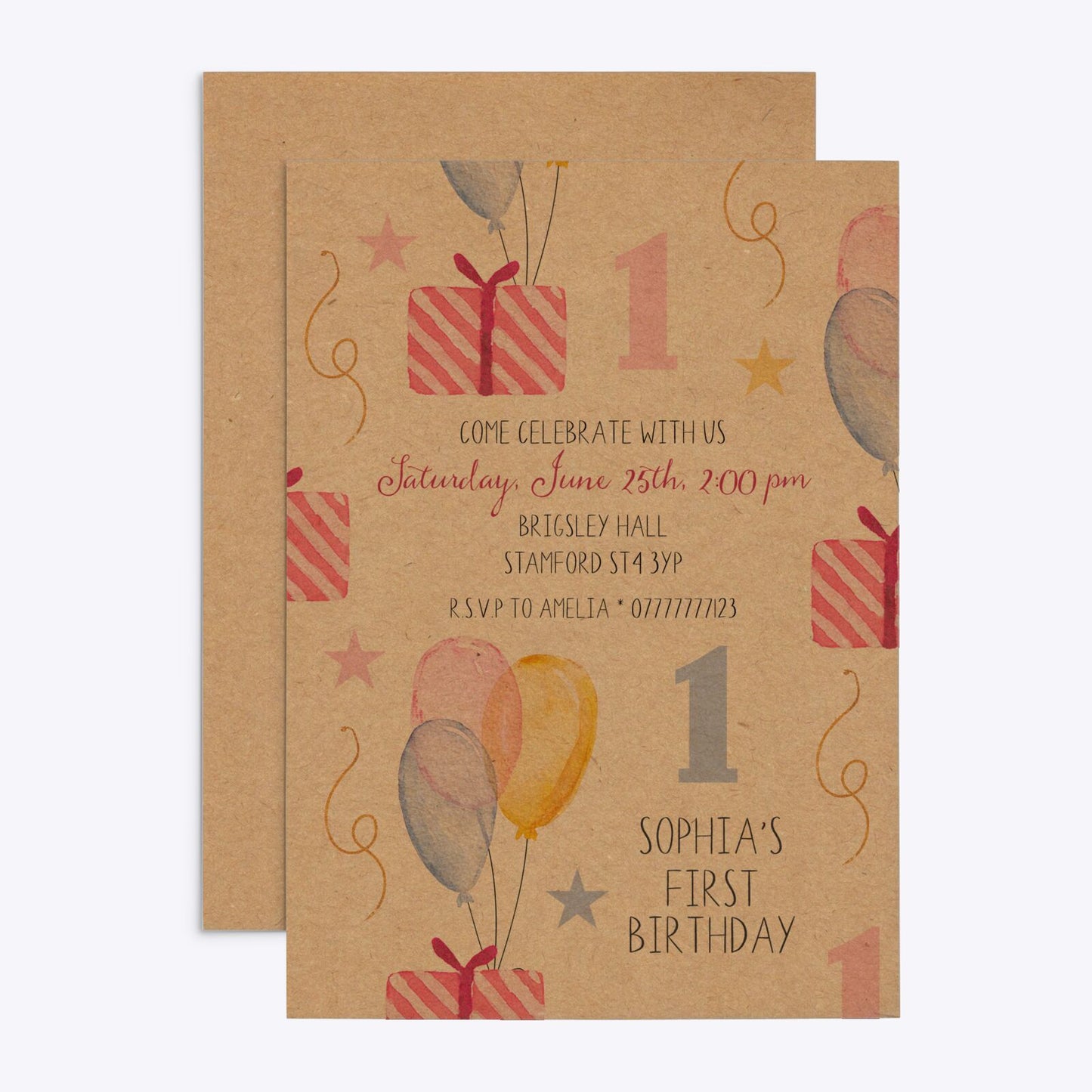 Personalised Girls First Birthday Rectangle Invitation Kraft Front and Back Image