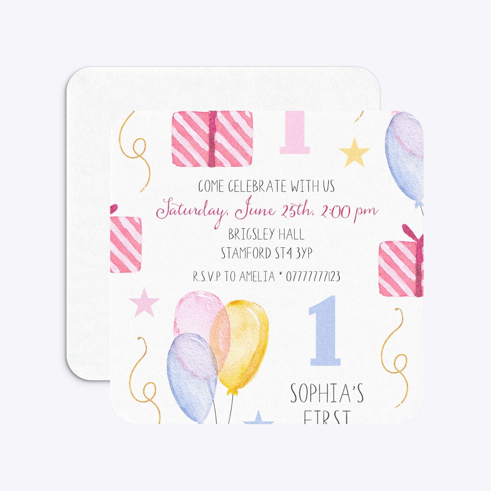 Personalised Girls First Birthday Rounded 5 25x5 25 Invitation Glitter Front and Back Image
