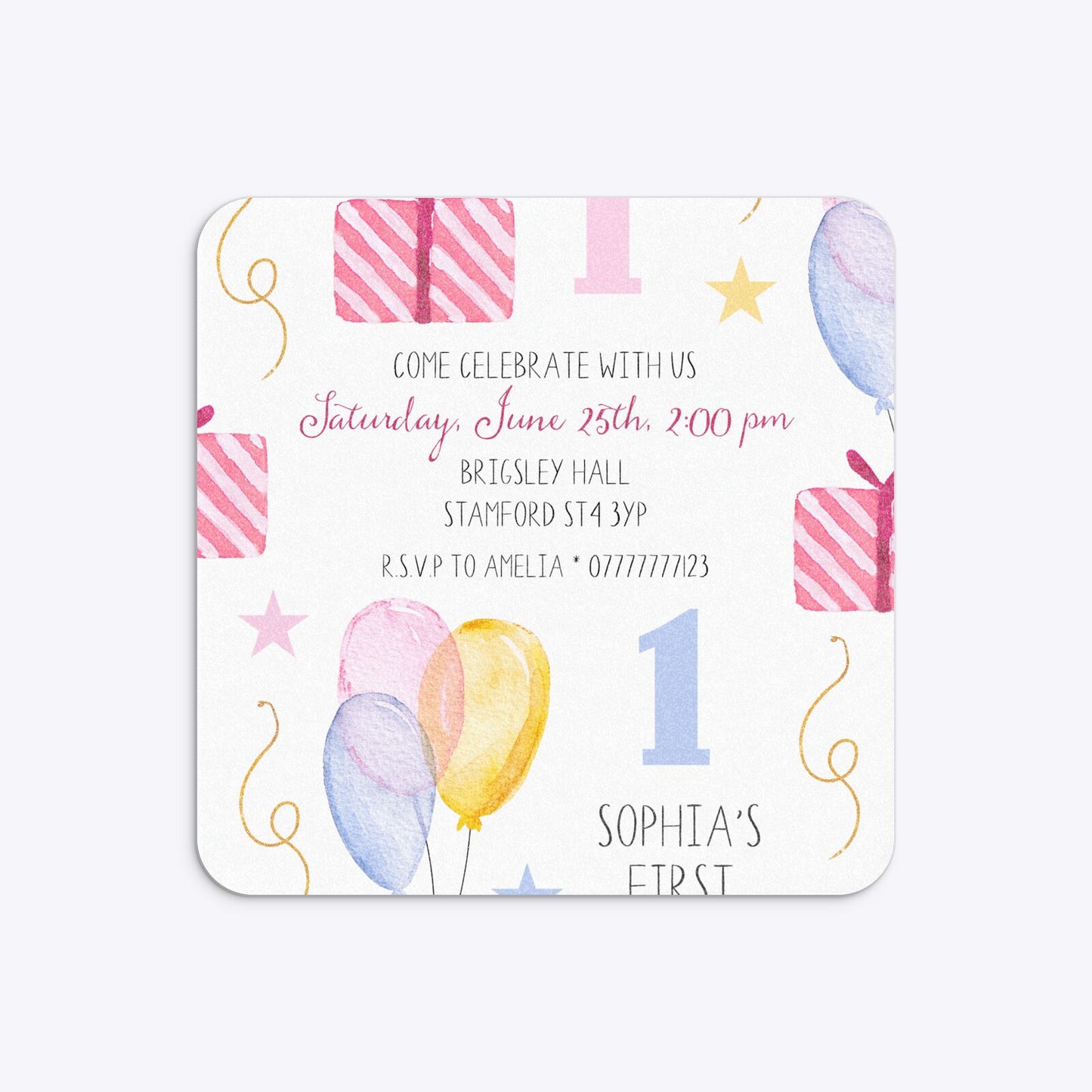 Personalised Girls First Birthday Rounded 5 25x5 25 Invitation Glitter