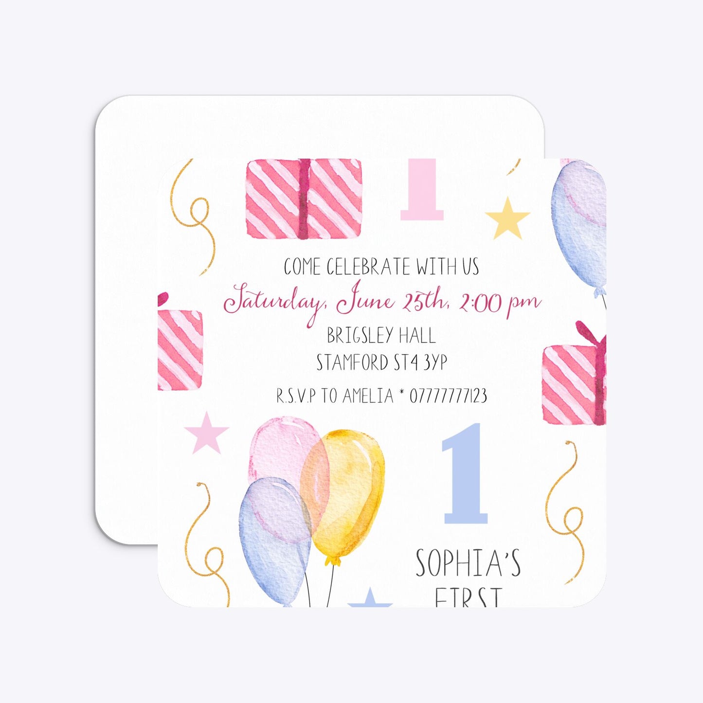 Personalised Girls First Birthday Rounded 5 25x5 25 Invitation Matte Paper Front and Back Image