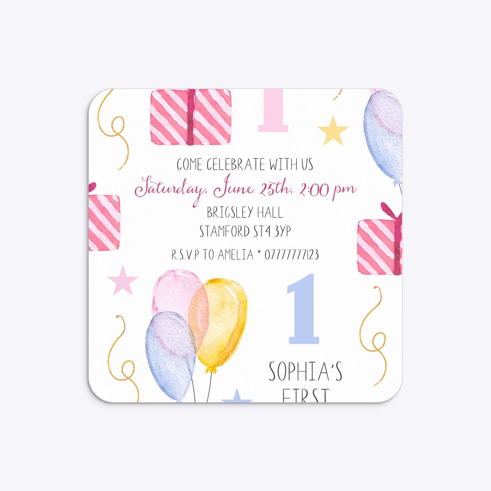 Personalised Girls First Birthday Rounded 5 25x5 25 Invitation Matte Paper