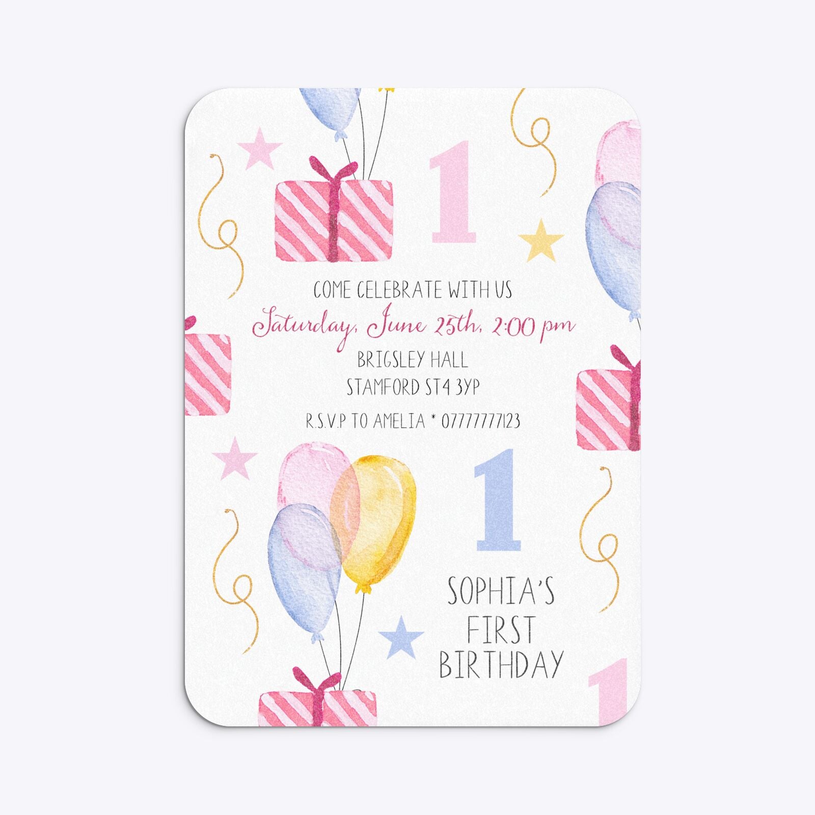 Personalised Girls First Birthday Rounded Invitation Glitter