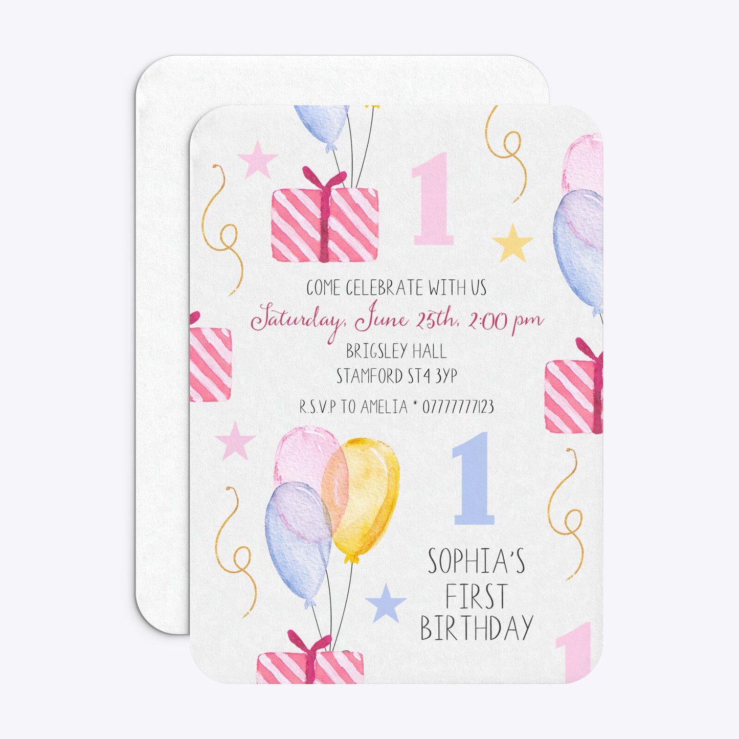Personalised Girls First Birthday Rounded Invitation Matte Paper Front and Back Image