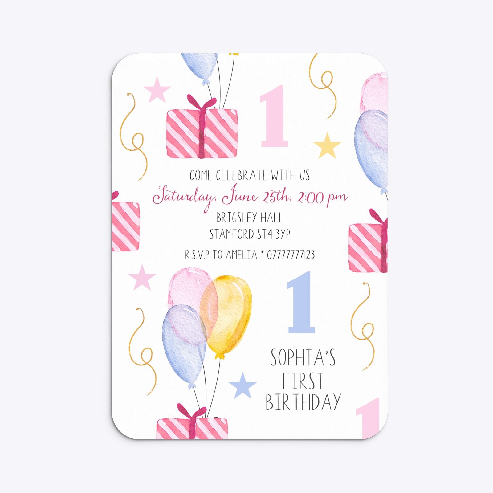 Personalised Girls First Birthday Rounded Invitation Matte Paper