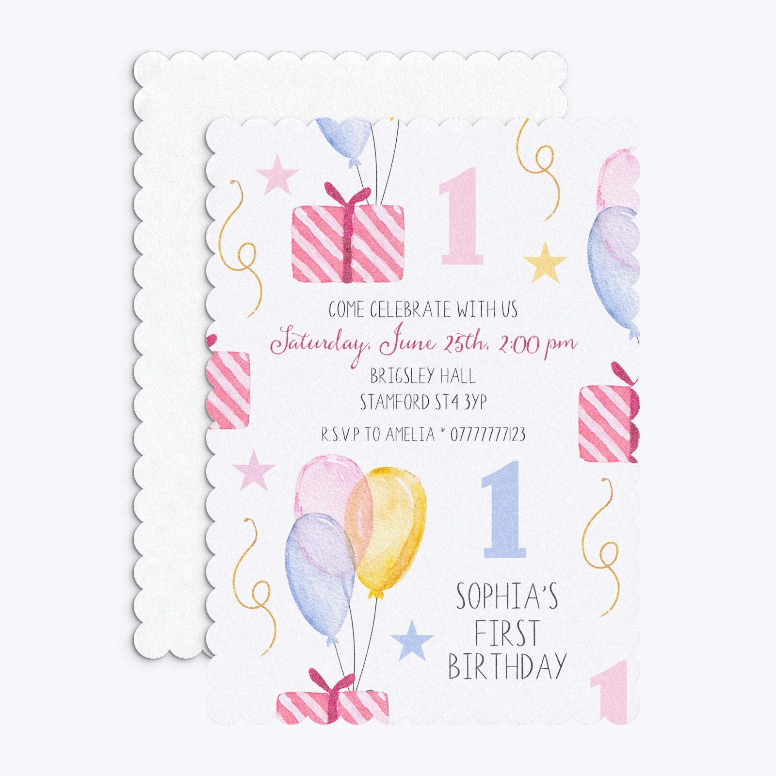Personalised Girls First Birthday Scalloped Invitation Glitter Front and Back Image