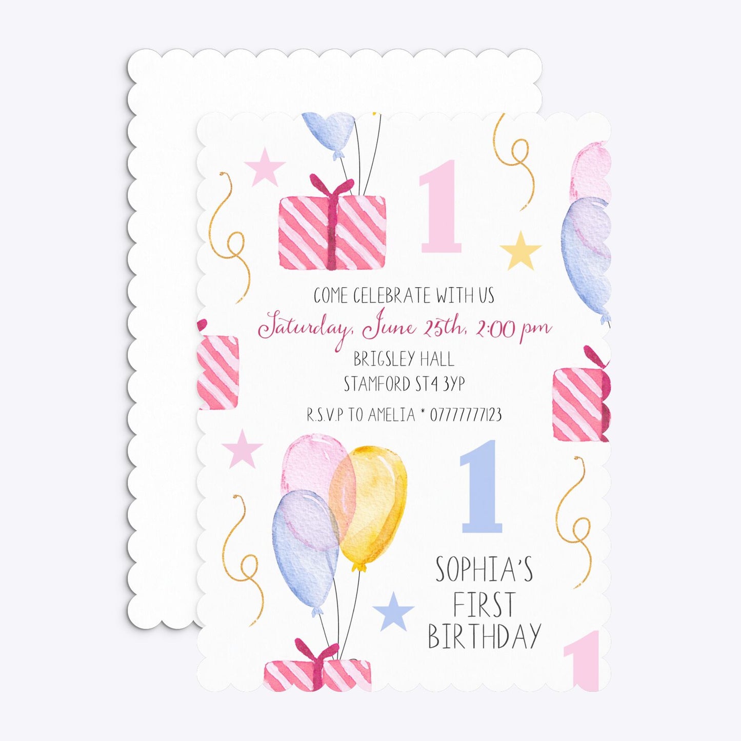 Personalised Girls First Birthday Scalloped Invitation Matte Paper Front and Back Image