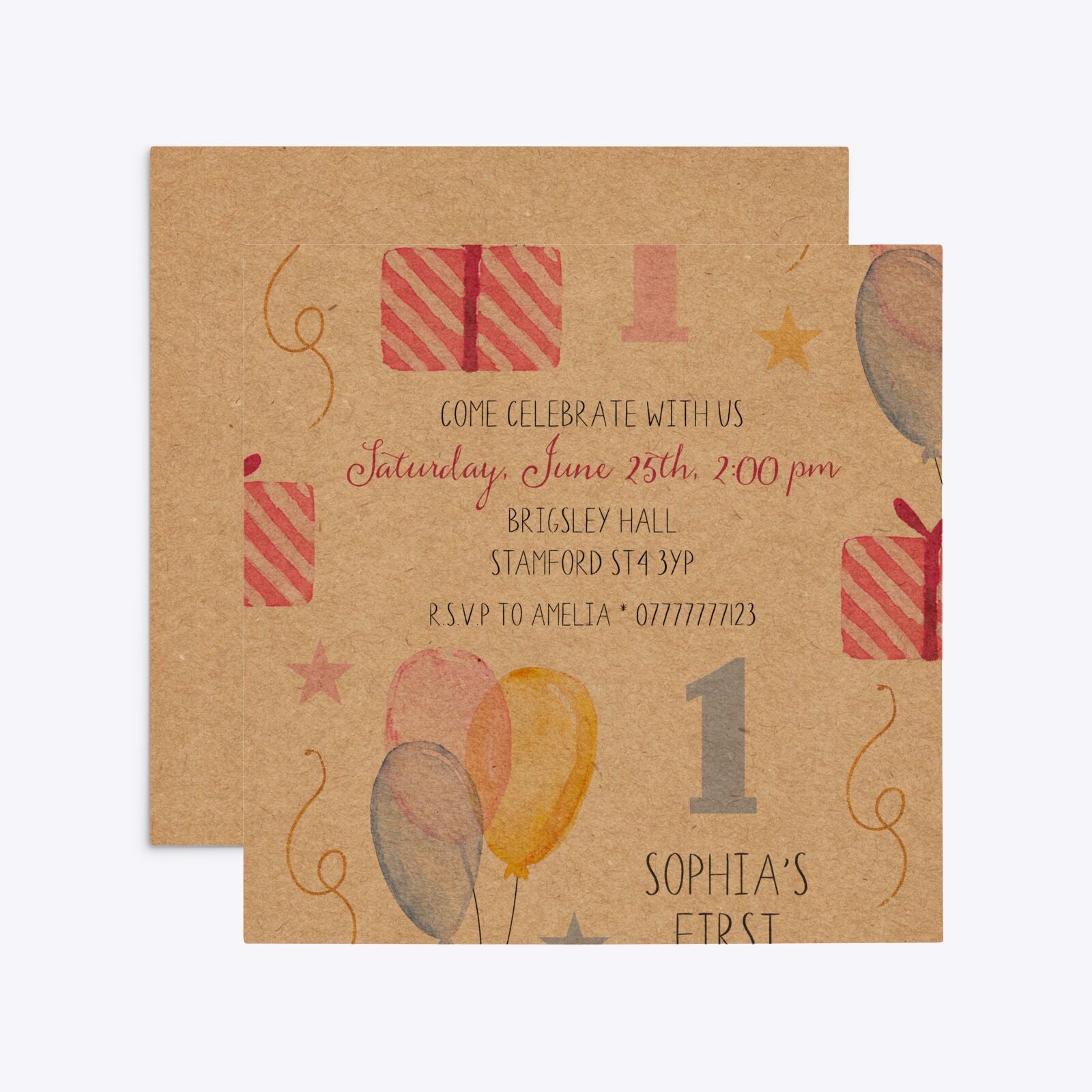 Personalised Girls First Birthday Square 5 25x5 25 Invitation Kraft Front and Back Image