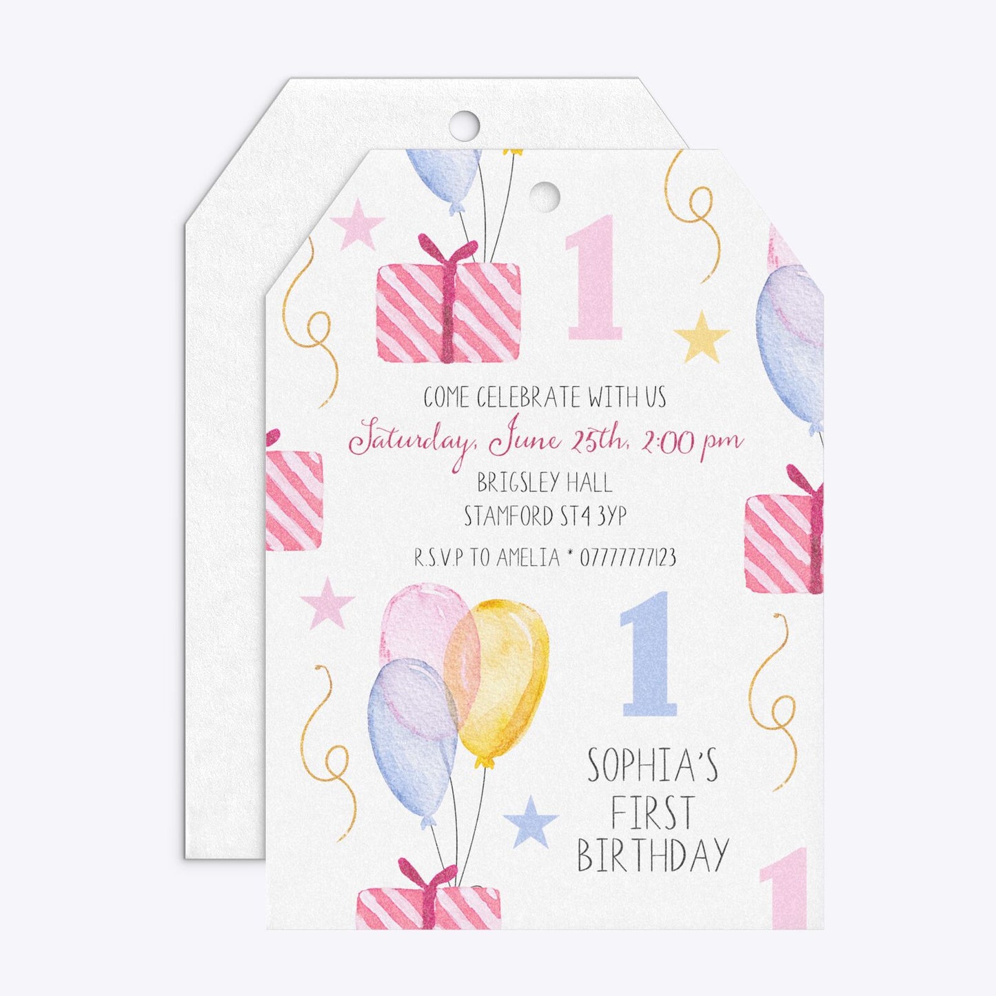 Personalised Girls First Birthday Tag Invitation Glitter Front and Back Image
