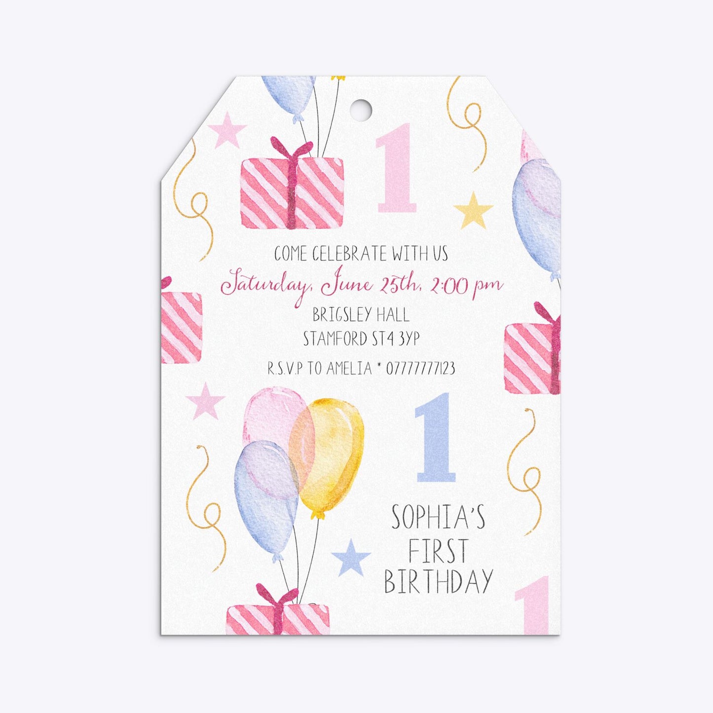 Personalised Girls First Birthday Tag Invitation Glitter