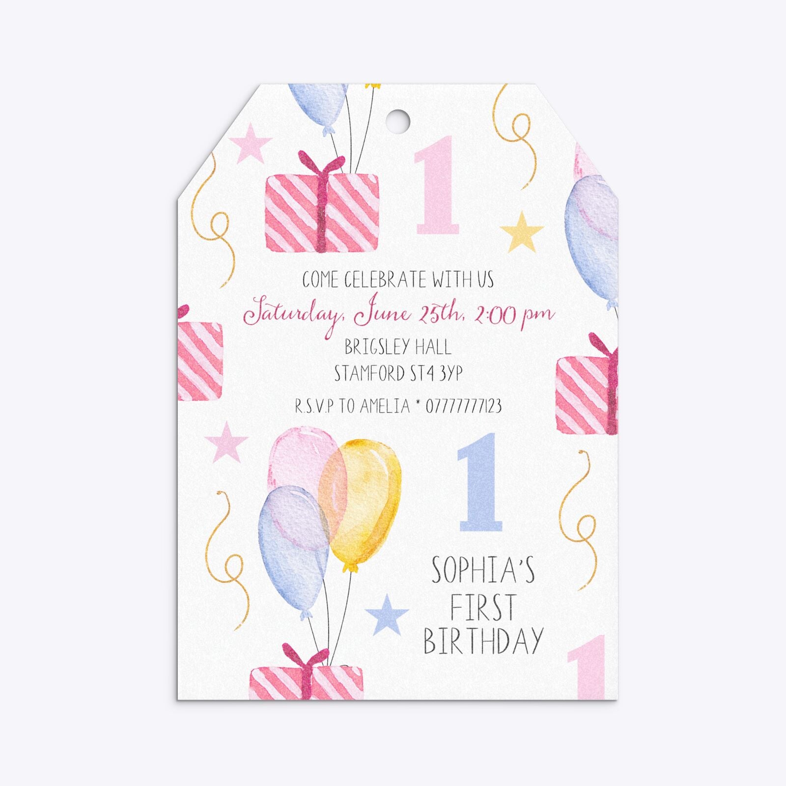 Personalised Girls First Birthday Tag Invitation Glitter