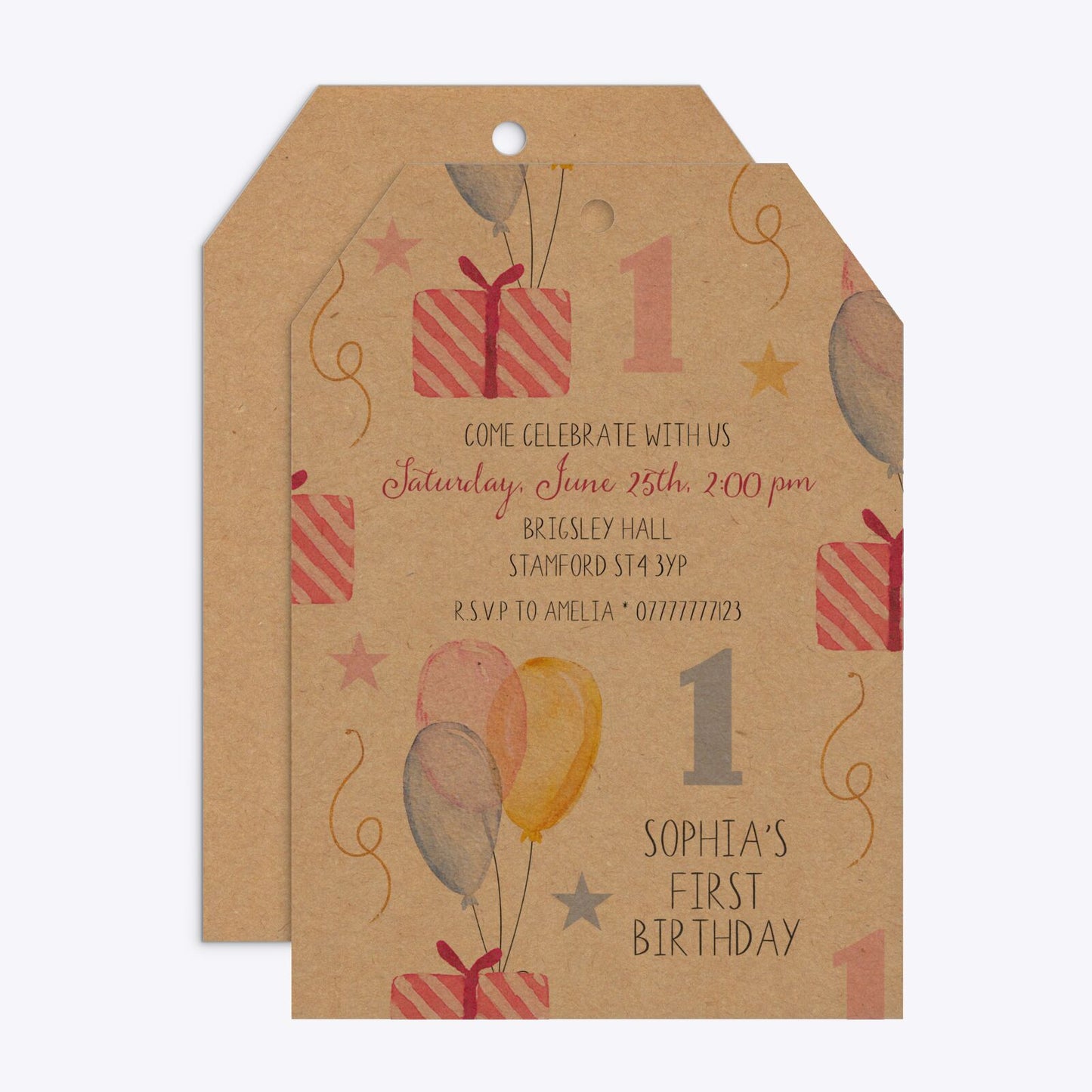 Personalised Girls First Birthday Tag Invitation Kraft Front and Back Image